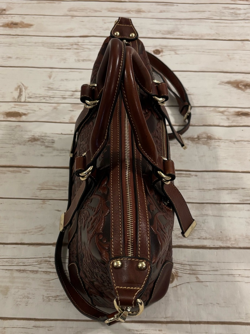 PIJUSHI Embossed Genuine Brown Leather Satchel and Crossbody Bag/Wristlet Set - Picture 3 of 16